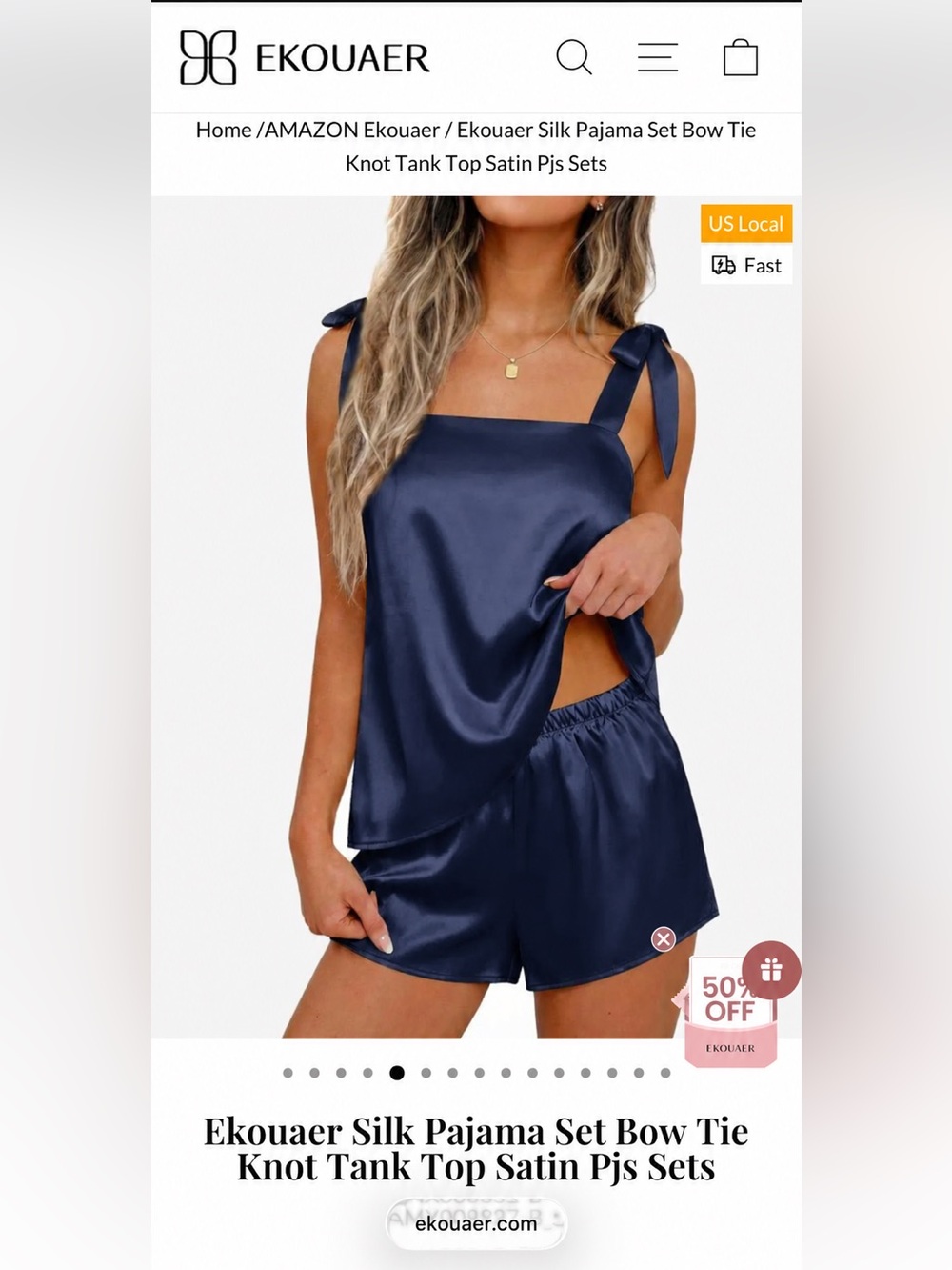Ekouaer Navy Satin Tie-Shoulder Tank & Elastic-Waist Shorts Sleep Set